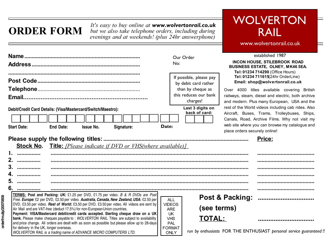 Wolverton Rail Paper Order Form (Free & include with order)